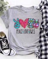 Peace Love Owls Design Screen Print T-Shirt