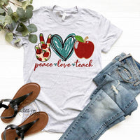 Peace Love Teach Design Screen Print T-Shirt