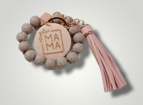 Mama Keychain Bracelet Silicone Beads Pink Cheetah Leopard with Tassel