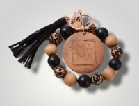 Mama Keychain Bracelet Silicone & Wooden Beads Cheetah Leopard Black with Tassel