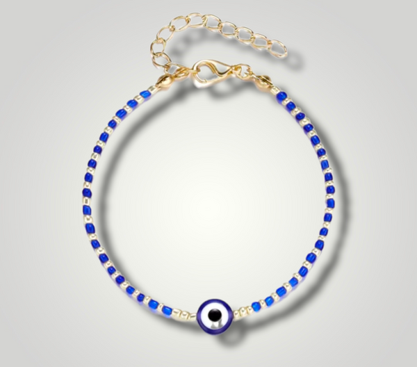 Evil Eye Protection Bracelet with Blue, Gold & White Beads