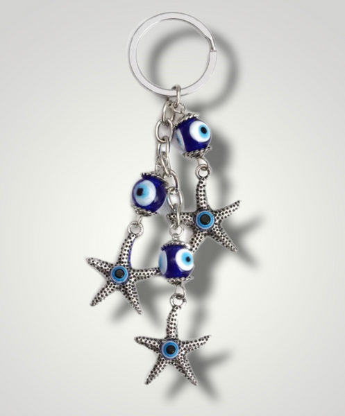 Evil Eye Fashion Star Fish Shape Charm Car Keychain Jewelry Pendant With Blue Evil Eye Bead